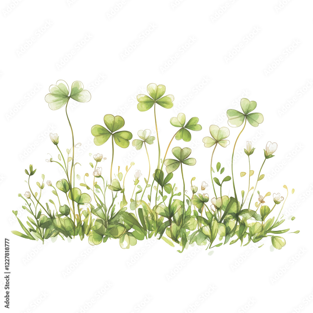 Lush Green Clovers and Wildflowers Create a Vibrant Natural Landscape in a Serene Setting - Watercolor Illustration, Isolated on White Transparent Background, PNG Lush Green Clovers and Wildflowers Create a Vibrant Natural Landscape in a Serene Setting - Watercolor Illustration, Isolated on White Transparent Background, PNG