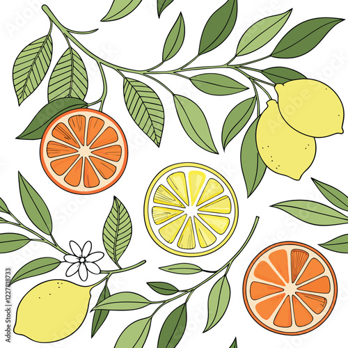 vector pattern of citrus fruits (oranges, lemons, and limes) sliced and whole, mixed with green leaves on a white background
