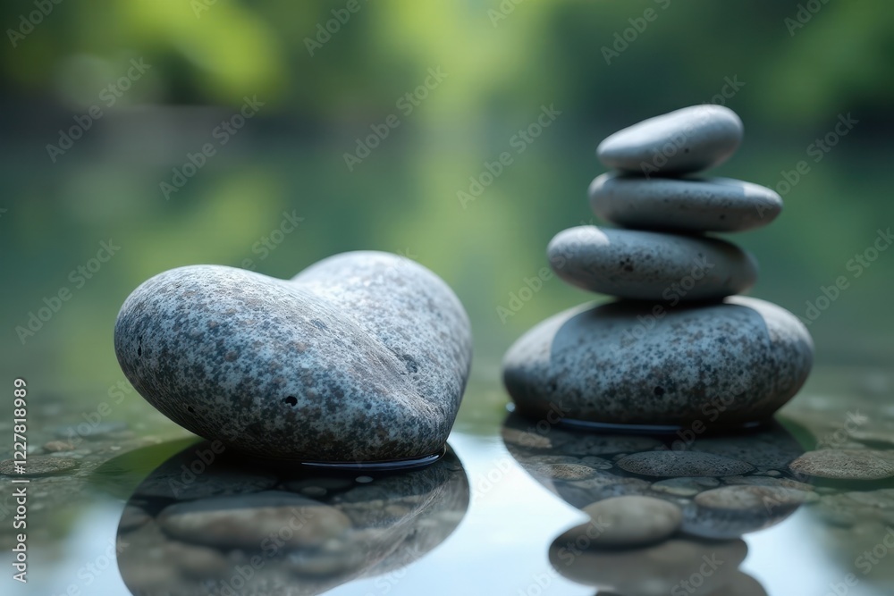 Grey heart-shaped rock in front of balanced pebbles on placid water surface , simple, grey rock, serenity Grey heart-shaped rock in front of balanced pebbles on placid water surface , simple, grey rock, serenity