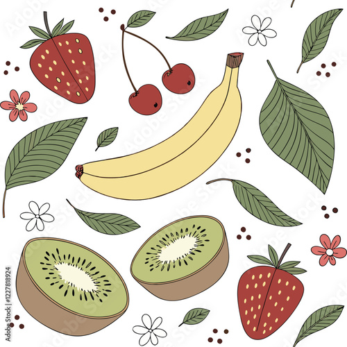 Design a seamless mixed fruit vector pattern in a flat style, including bananas, strawberries, kiwis, and cherries on a white background