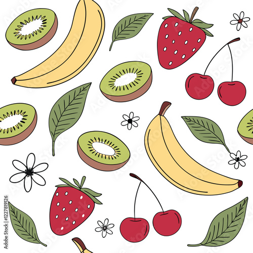 Design a seamless mixed fruit vector pattern in a flat style, including bananas, strawberries, kiwis, and cherries on a white background