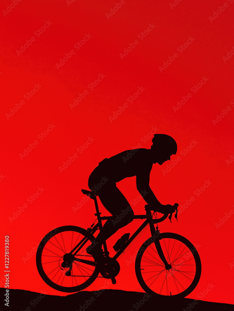Obraz premium Athletic action silhouettes: cyclist climbing, red gradient background, sharp contrast