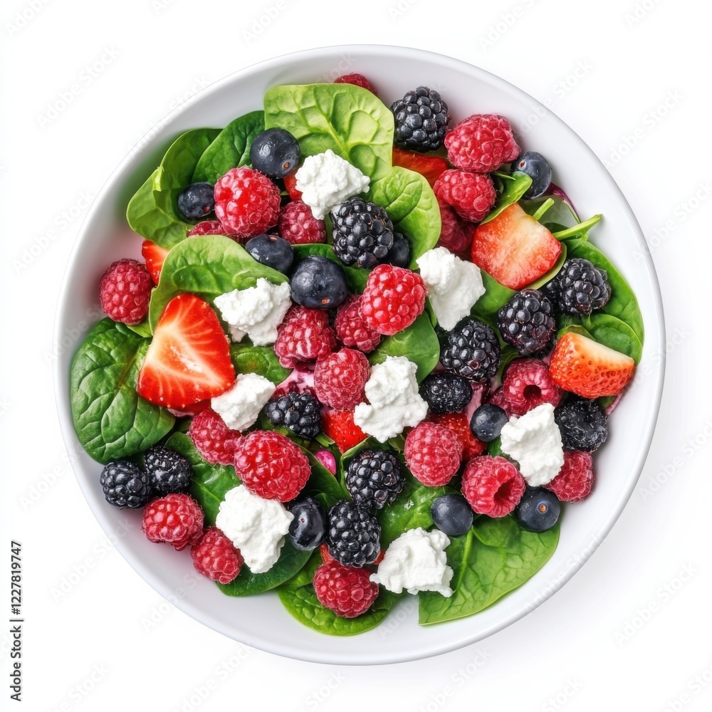 A vibrant mixed berry salad with spinach and goat cheese, isolated white background, minimalist art style
