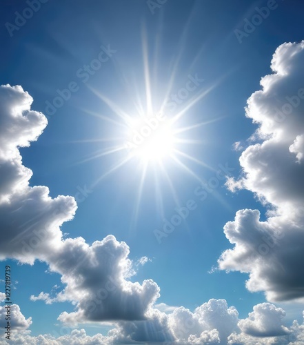 Softly glowing blue sky with puffy white clouds and a radiant sun shining brightly overhead , idyllic scene, serene landscape, blue sky