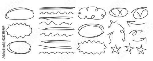 Set of Doodle underline strokes oval arrow mark star collection. Scribble Highlight emphasis frames. Monochrome Child drawing doodles. Elements for creative design infographic