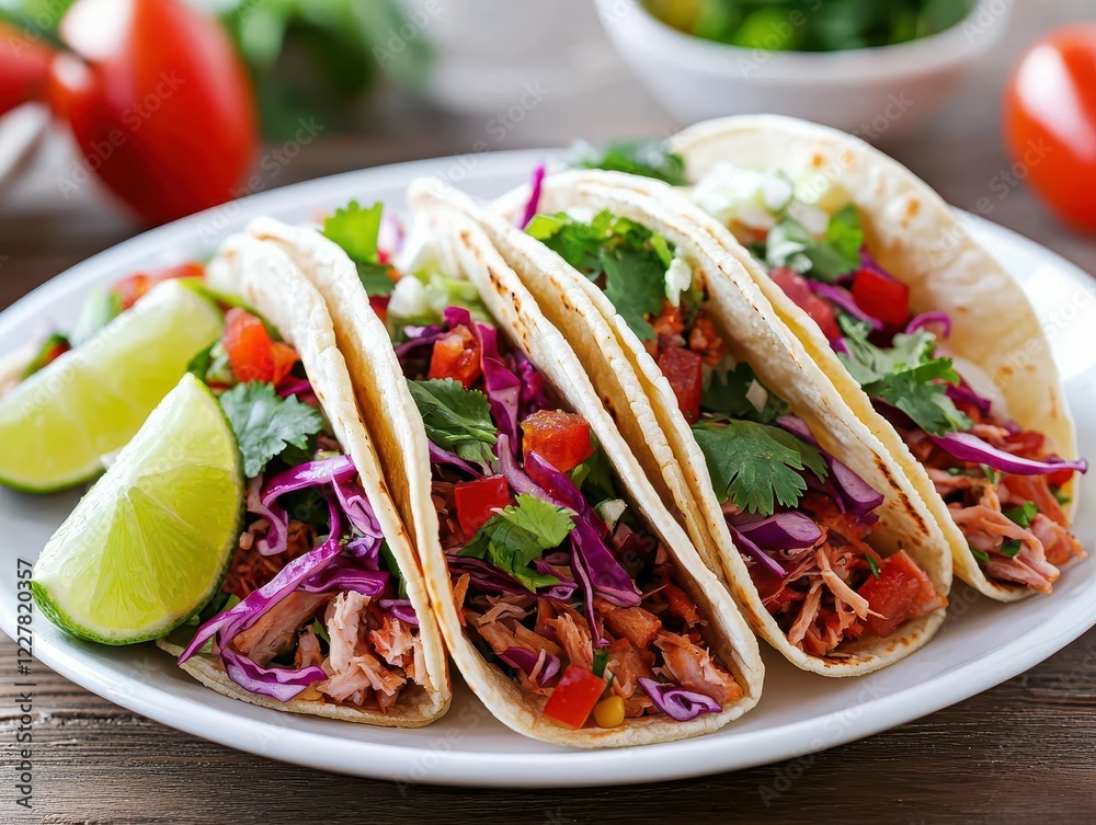 A plate of jackfruit tacos with colorful slaw and lime wedges, celebrating plantbased flavors A plate of jackfruit tacos with colorful slaw and lime wedges, celebrating plantbased flavors