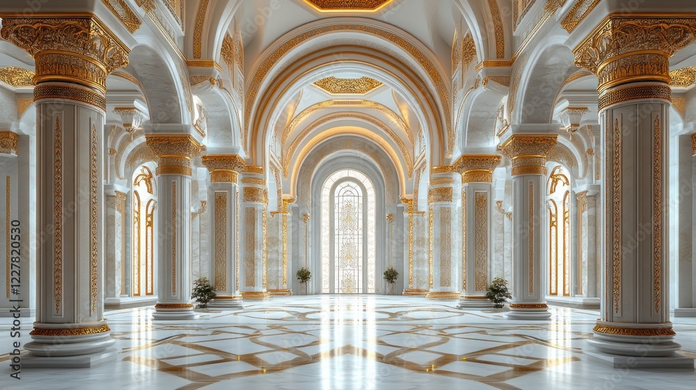 Fototapeta premium Grand Palace Hall, Marble Floor, Golden Arches, Sunlight, Interior Design
