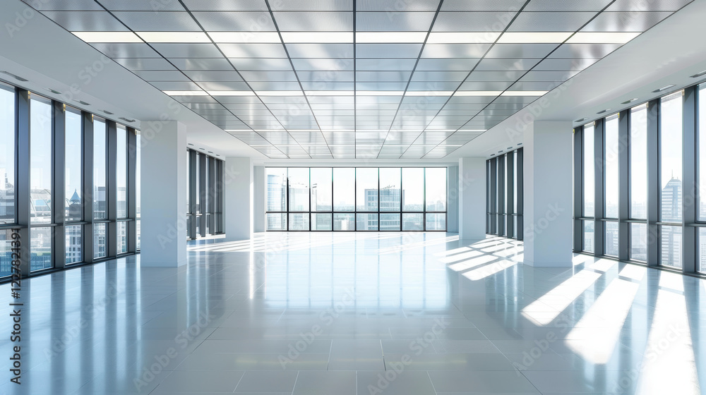 A spacious, bright office with large windows and a high ceiling. A spacious, bright office with large windows and a high ceiling.
