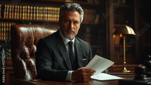 A professional corporate attorney dressed in a tailored black suit, seated at a mahogany desk in a luxurious law office, holding legal documents in his hands photo