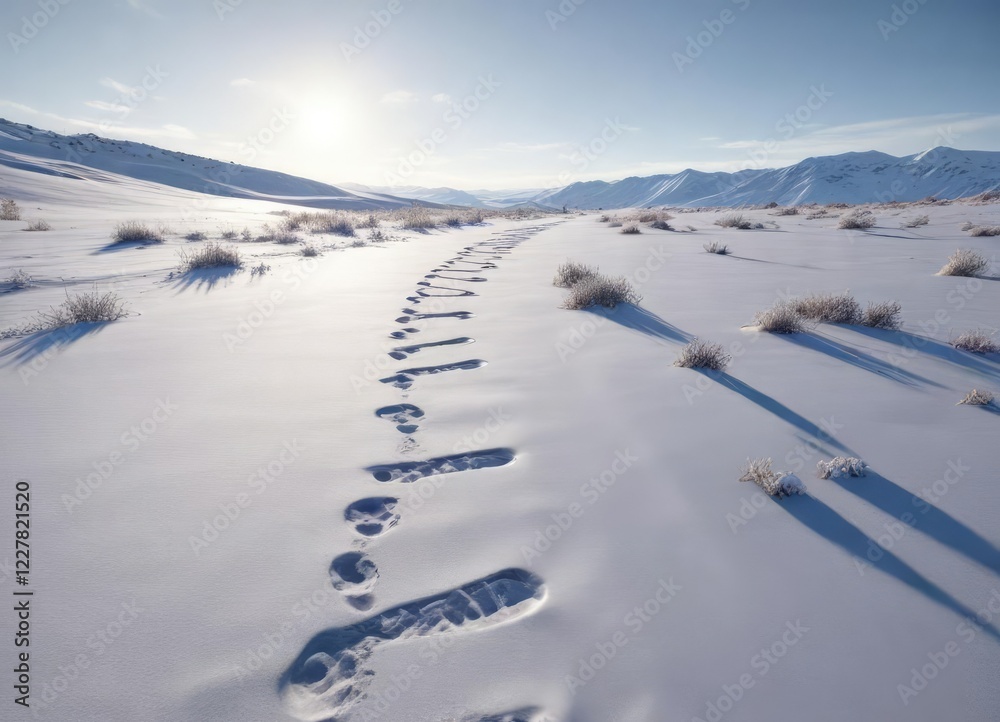 Obraz premium Snow-covered trail of footprints leading into the distance, frozen ground, cold weather