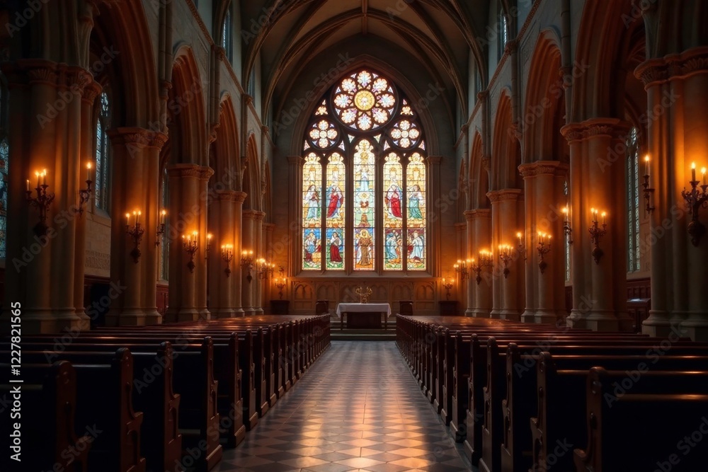 Soft candlelight shines through stained glass windows in a historic church, , colors