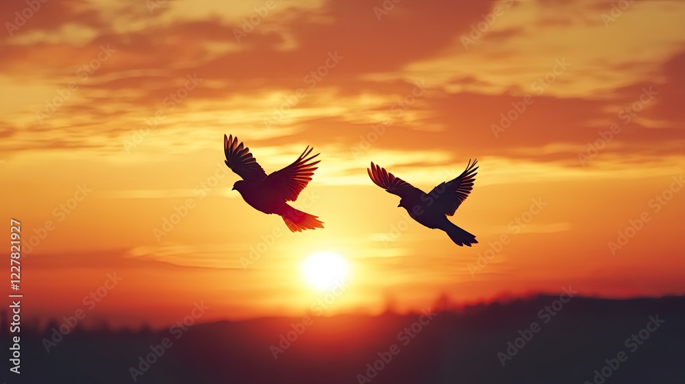 Fototapeta premium Romantic Couple of Lovebirds in Flight Valentines Day Sun