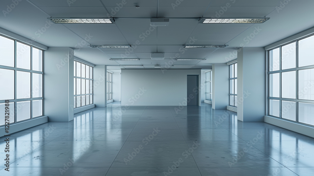 A spacious, modern office with large windows, white walls, and a gray tiled floor. A spacious, modern office with large windows, white walls, and a gray tiled floor.