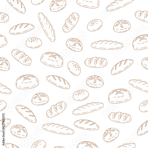 Bread seamless pattern background. Hand drawn bread motif wallpaper. Bakery, bake shop backdrop or food wrapper