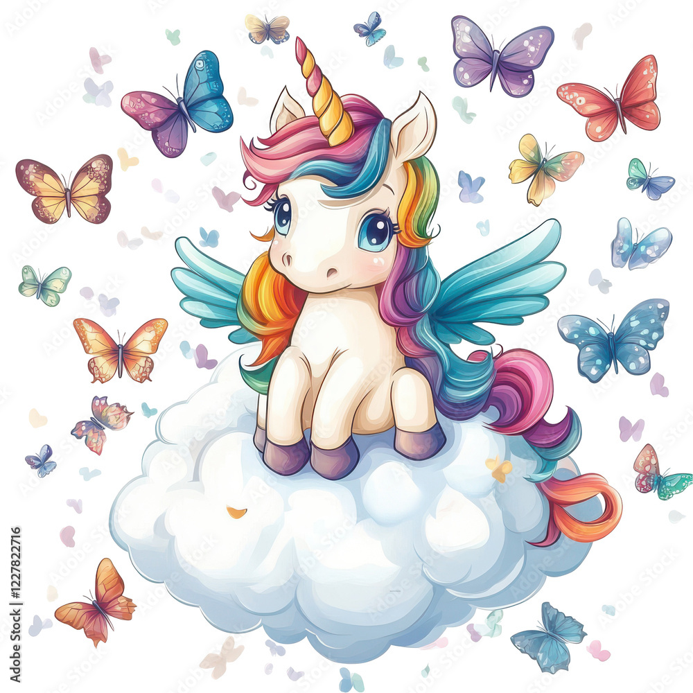 Obraz premium Rainbow Unicorn on Cloud with Butterflies Magical Fantasy Art,