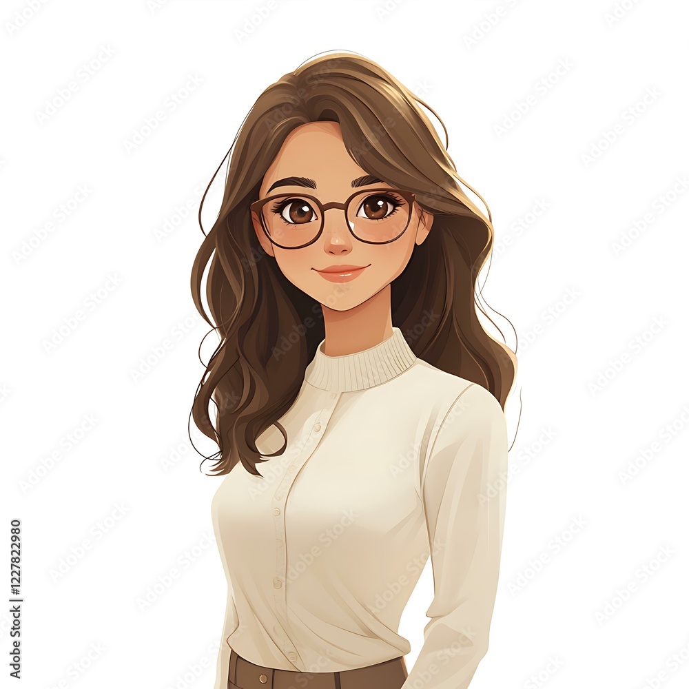 Elegant woman standing serene posing with glasses in front of a white background Elegant woman standing serene posing with glasses in front of a white background