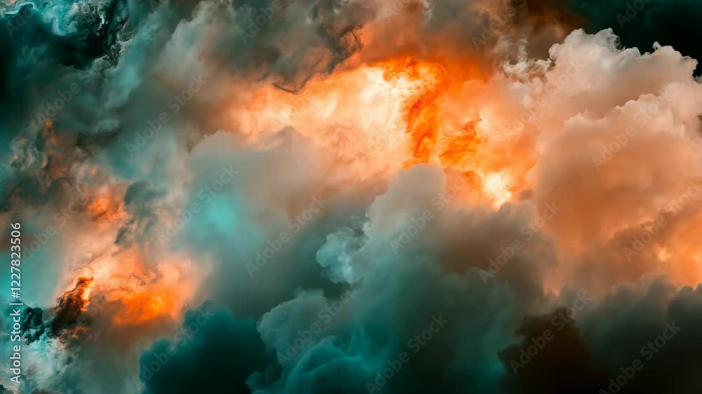 Dark clouds illuminated by glowing orange light create a dramatic sky at sunset Dark clouds illuminated by glowing orange light create a dramatic sky at sunset