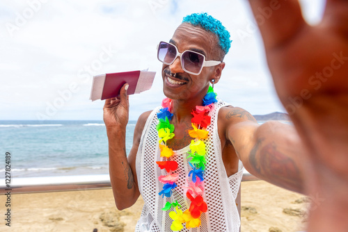 LGBTQIA+ individual celebrating vibrant summer vacation photo