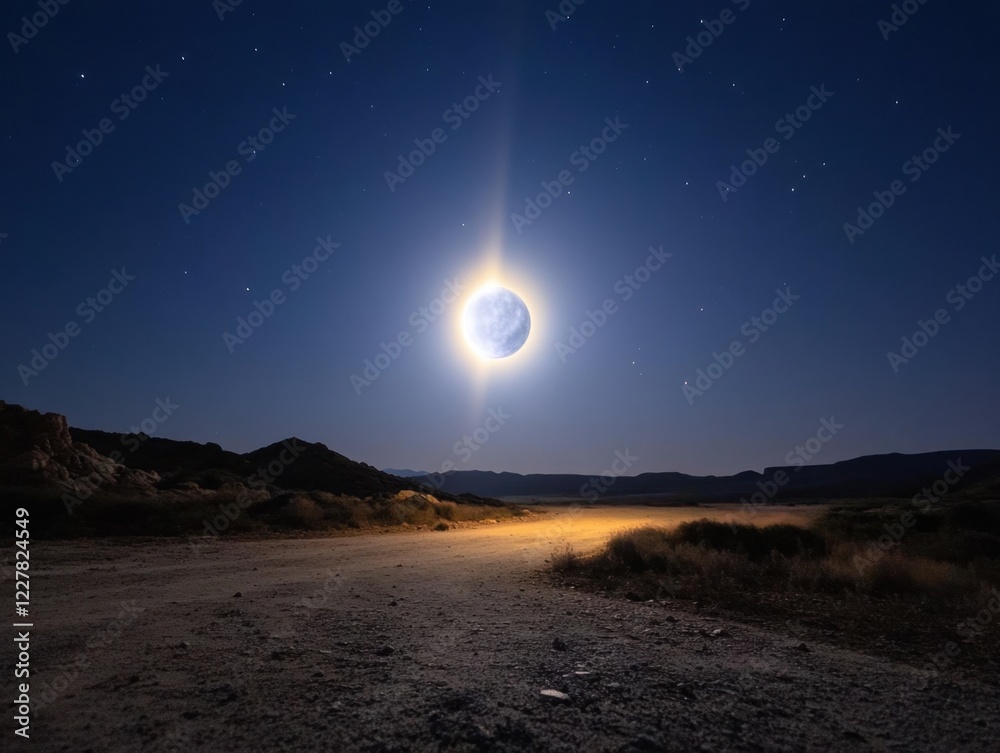 Fototapeta premium Majestic Night Scene with Bright Moon Over Desert Landscape