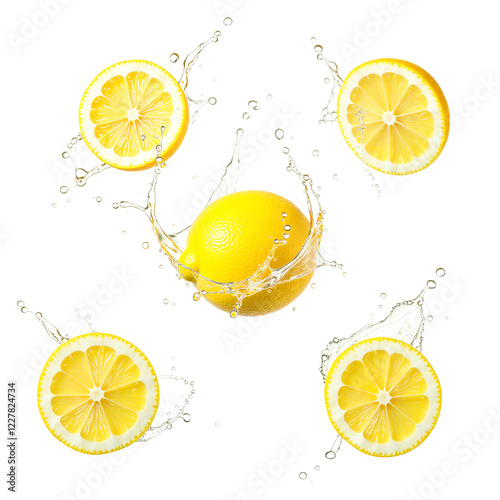 Citrus Splashing Lemons, Fresh and Juicy Fruit, Dynamic Water Motion
