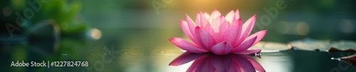 Serene pink lotus blossom floats on calm water, sunlight reflecting , yoga, peace, purity