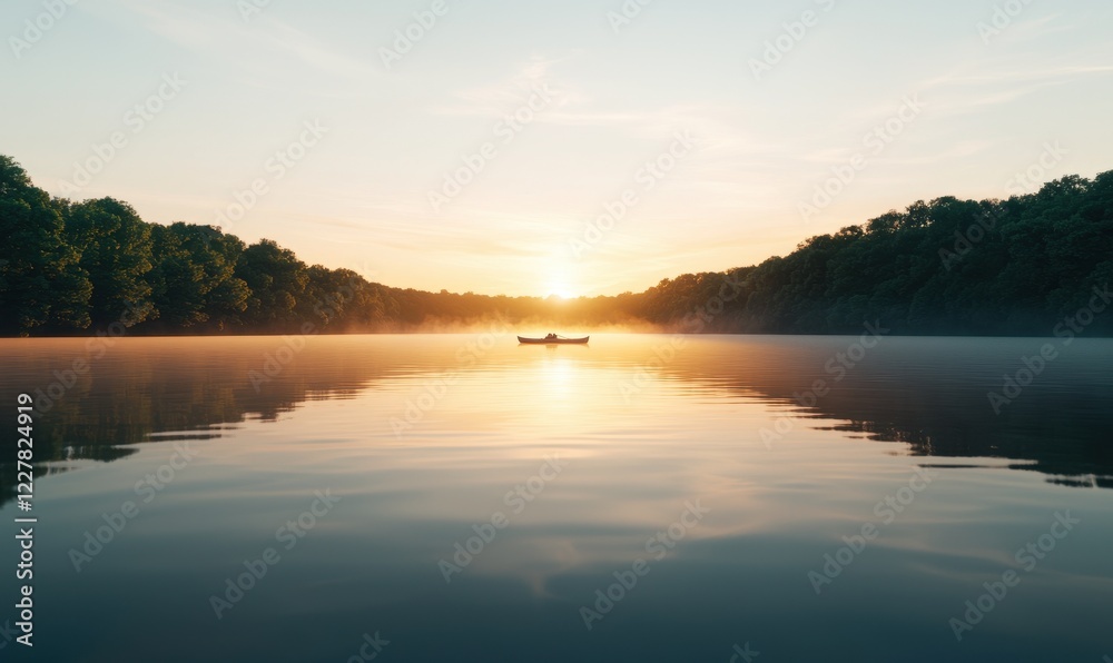 Fototapeta premium Serene Sunrise Over Tranquil Lake with a Small Boat Gliding Through Misty Waters