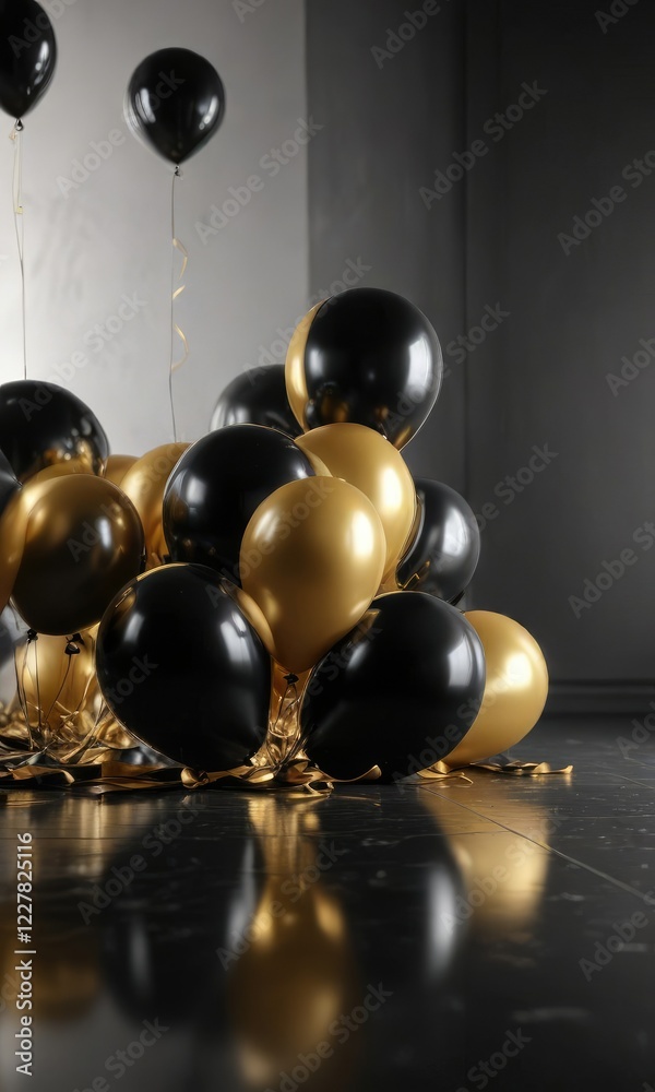 Naklejka premium Sleek black and gold balloons tied to a sleek black table on a mirrored floor, black and gold balloons, mirrored floor