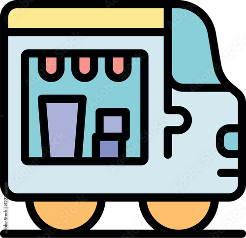 Colorful food truck icon representing mobile catering, street food, and urban cuisine, ideal for food businesses and culinary concepts