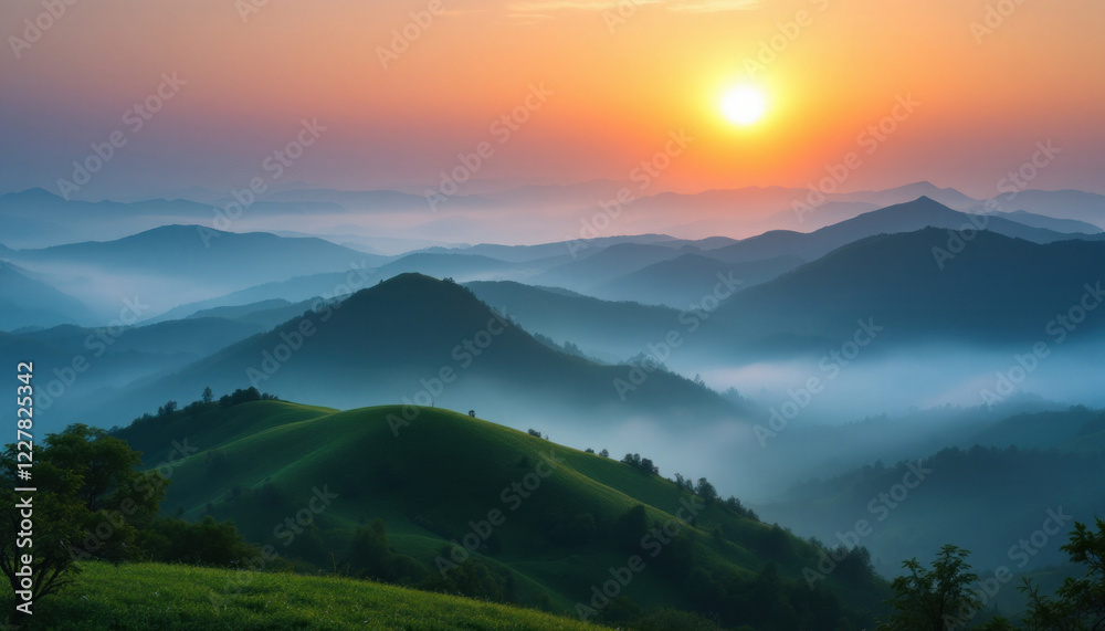 Fototapeta premium Sunrise Over Misty Mountains: A Breathtaking Panorama