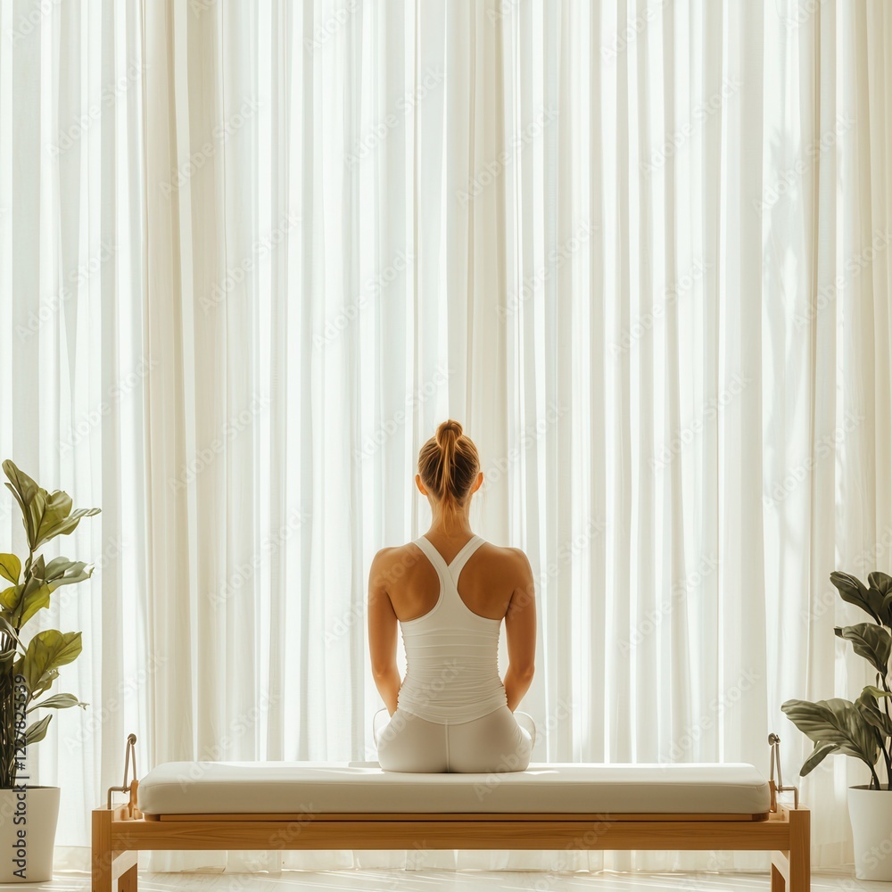 Serene woman engaged in meditation on a bench in a sunlit room surrounded by lush indoor plants and flowing curtains Serene woman engaged in meditation on a bench in a sunlit room surrounded by lush indoor plants and flowing curtains