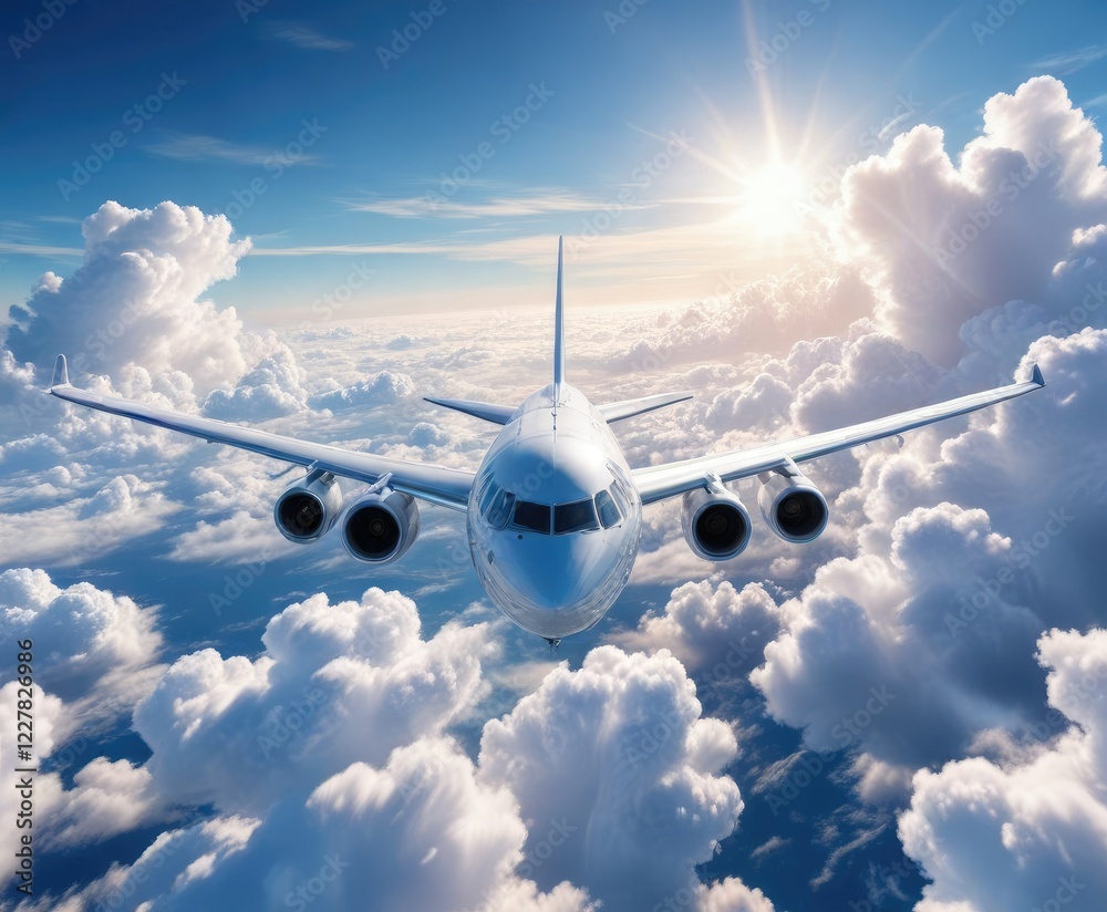 Fototapeta premium Single white trail behind an aircraft on a bright blue sky with some high-level clouds , white trail, flight paths