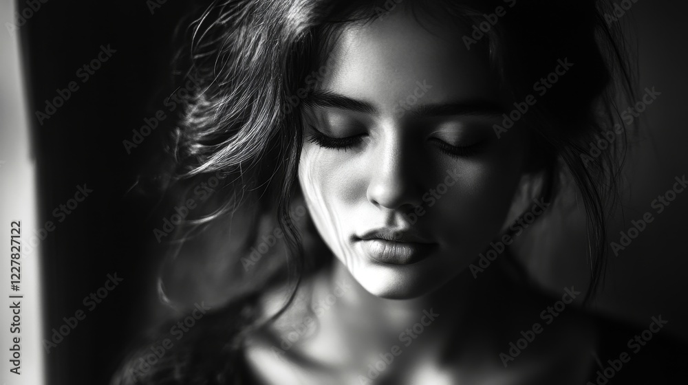 Serene Portrait of Young Woman with Closed Eyes in Black and White Serene Portrait of Young Woman with Closed Eyes in Black and White