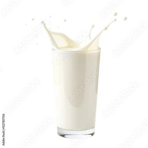 Glass of Milk with Splash Isolated on White Background, Dairy Drink, Refreshing, Splash Effect