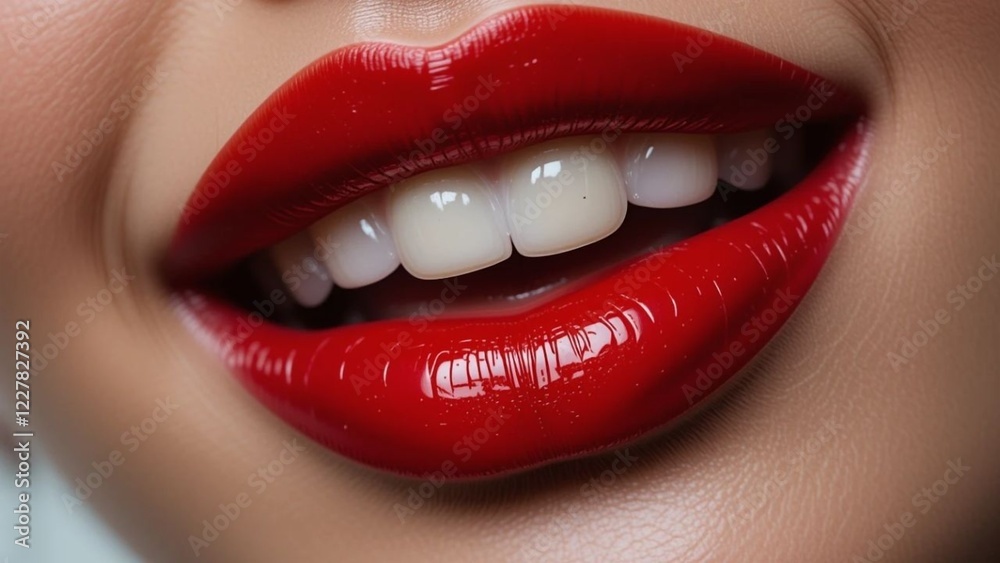 Obraz premium Close-Up of Glossy Red Lips with White Teeth