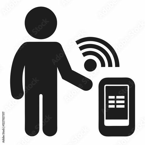 Silhouette of person engaging with grid-interface smartphone. Wireless connection waves shown emanating from device. Simple tech interaction scene. Concept of mobile usage, user experience, digital in