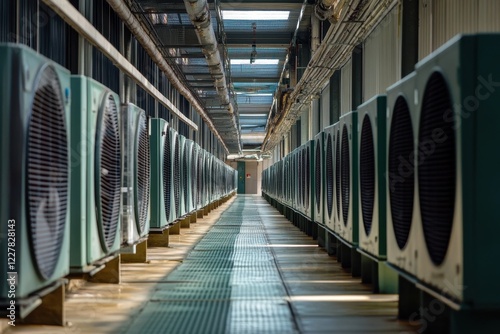 Multiple air conditioning units lined up along the side of a building, emphasizing their organized placement. Long Corridor With Row Of Industrial Air Conditioning Units .