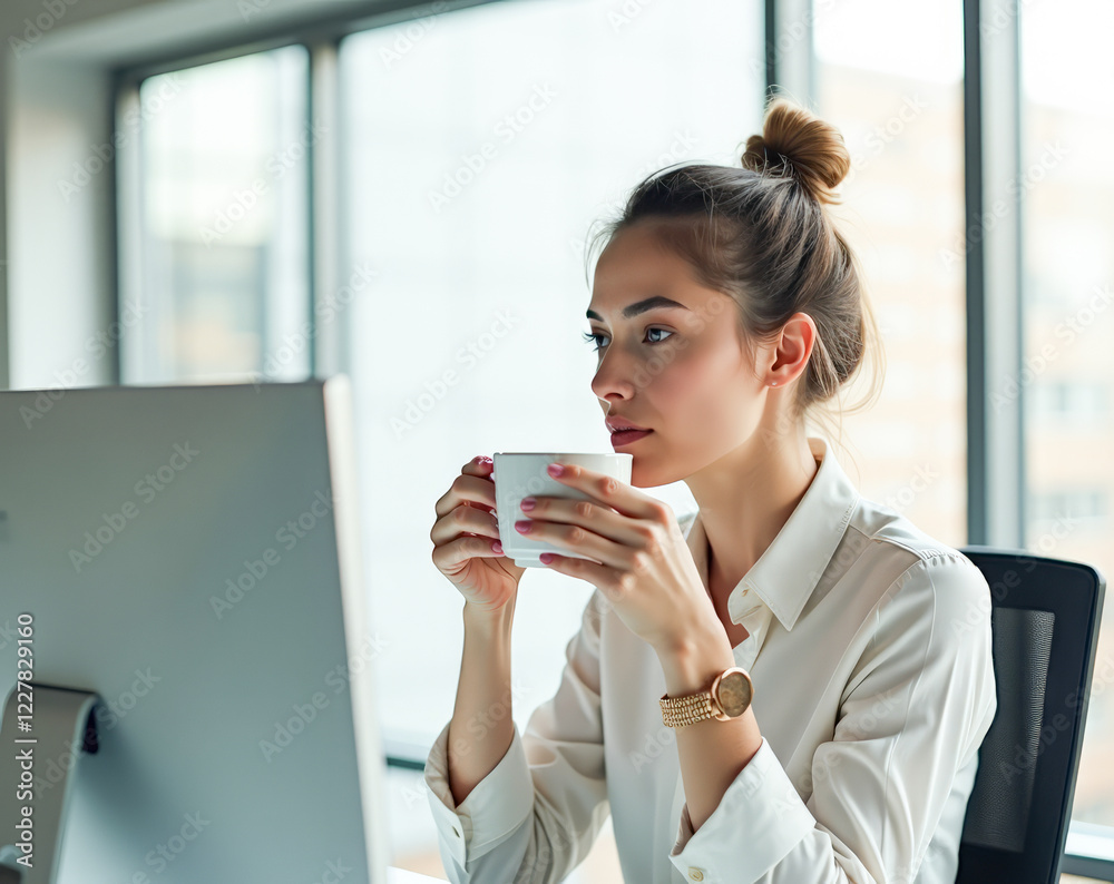 A female manager drinks coffee at the workplace in the office A female manager drinks coffee at the workplace in the office