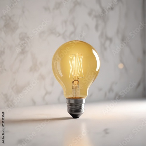 Softly glowing yellow light bulb on white surface, illumination, luminous
