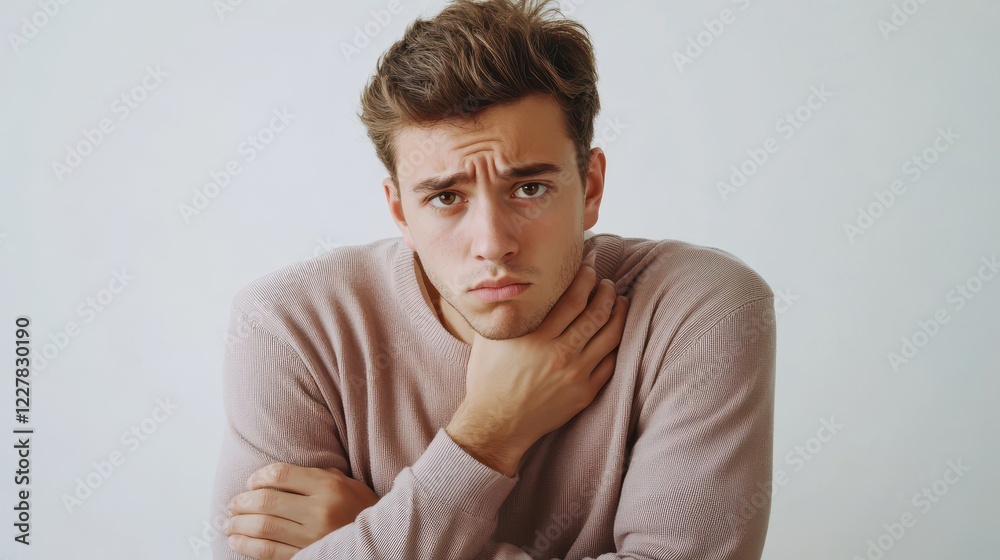 Young Man with Concerned Expression in Neutral Setting Young Man with Concerned Expression in Neutral Setting