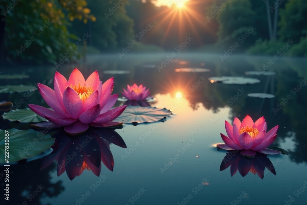 Softly glowing water lily pads on a serene lake at dawn, water, pond Softly glowing water lily pads on a serene lake at dawn, water, pond