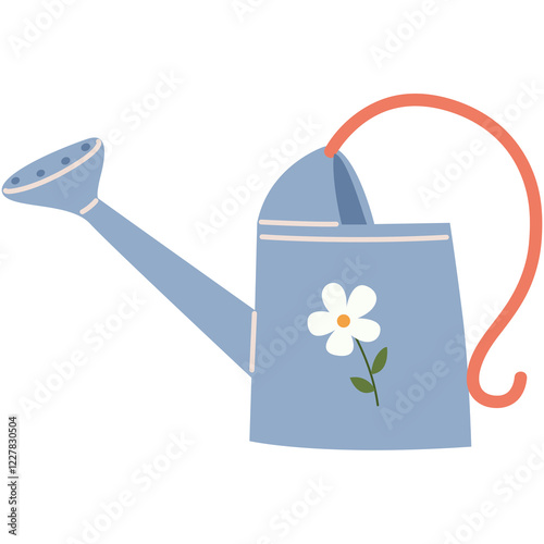 Hand drawn blue watering can with cute  flower illustration. Gardening clipart