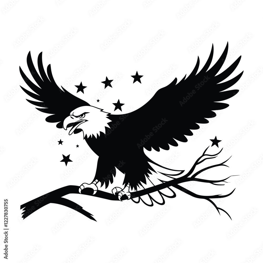 Fototapeta premium Majestic bald eagle silhouette with spread wings perched on a tree branch, patriotic american eagle vector with stars, black and white bird of prey eps illustration for military logo design.