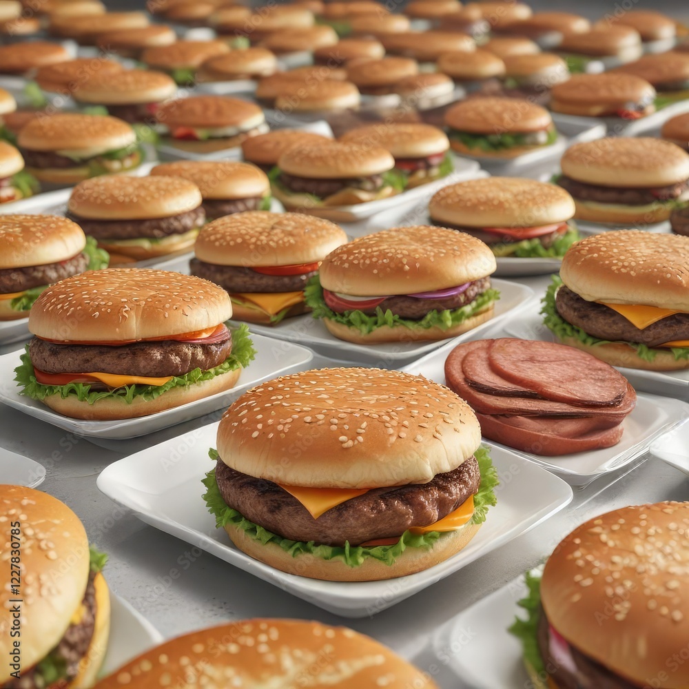 Several hamburger patties arranged neatly on disposable plates, cardboard, high-resolution Several hamburger patties arranged neatly on disposable plates, cardboard, high-resolution
