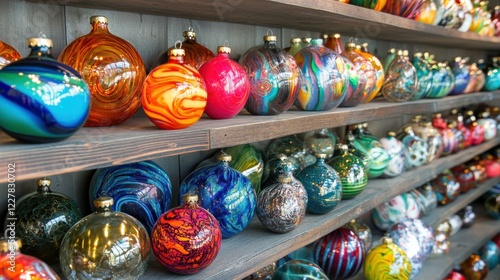 Shelves filled with colorful handblown glass ornaments, vibrant patterns reflecting creativity photo