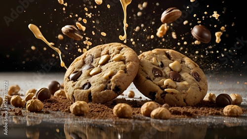 Cookies with hazelnuts and chocolate, cinematic dynamic photo falling splash