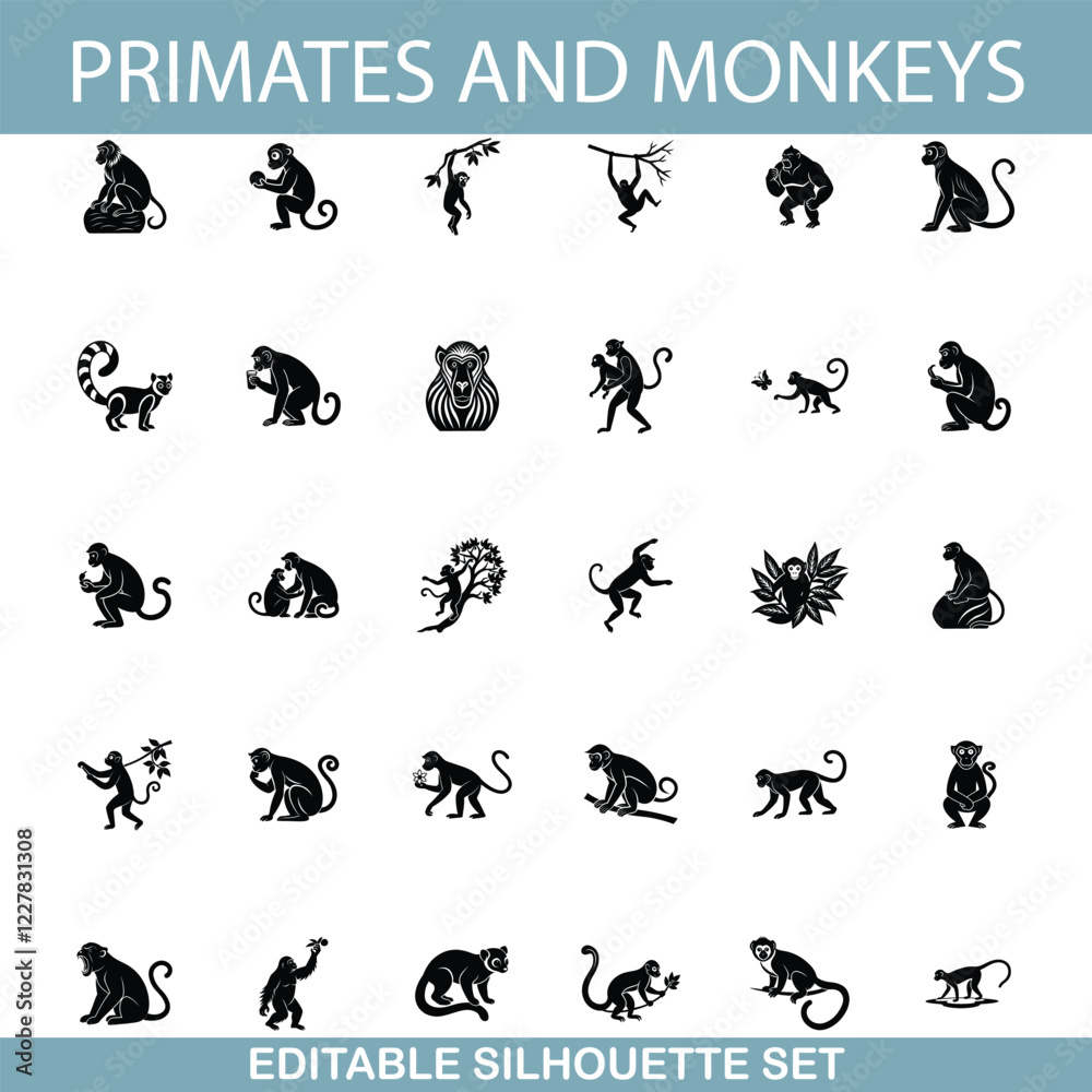 Fototapeta premium Primates and Monkeys Editable Silhouette Set of Monkey Icons