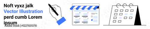 Hand writing with pen, online store interface with a blue awning, calendar on stand with various marked dates. Ideal for time management, scheduling, e-commerce, planning, reminders, appointments