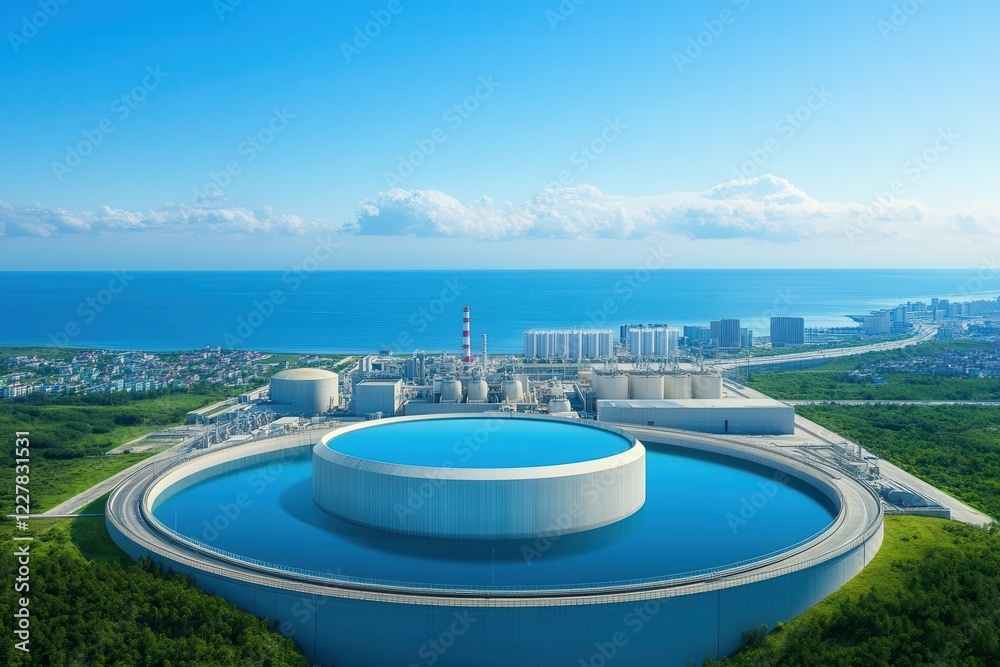 Nuclear reactors drive energy innovation. Aerial view of a coastal industrial facility with water reservoir. Nuclear reactors drive energy innovation. Aerial view of a coastal industrial facility with water reservoir.