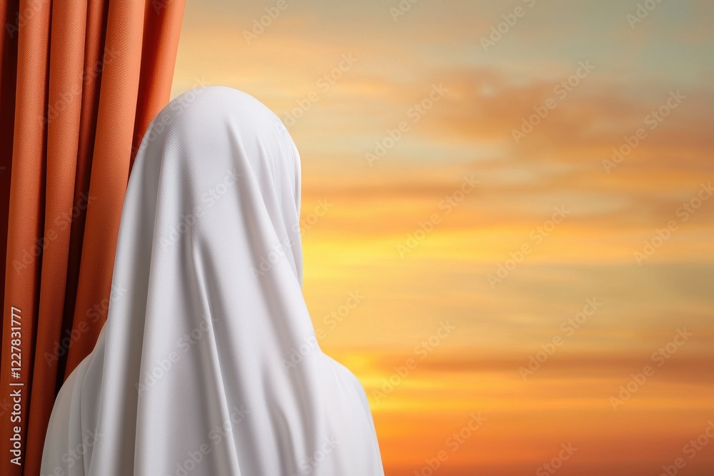 A figure in white gazes at a vibrant sunset, framed by orange curtains, evoking a sense of peace and contemplation. A figure in white gazes at a vibrant sunset, framed by orange curtains, evoking a sense of peace and contemplation.
