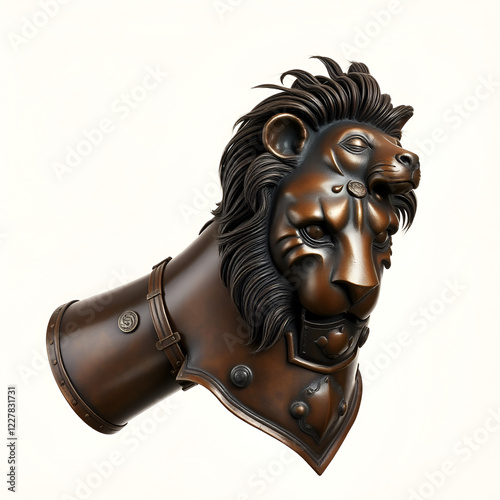 Medieval knightly brown plate gauntlet from Italian armor, in the form of a lion's face and mane, period of the 16th century, on a light background. photo